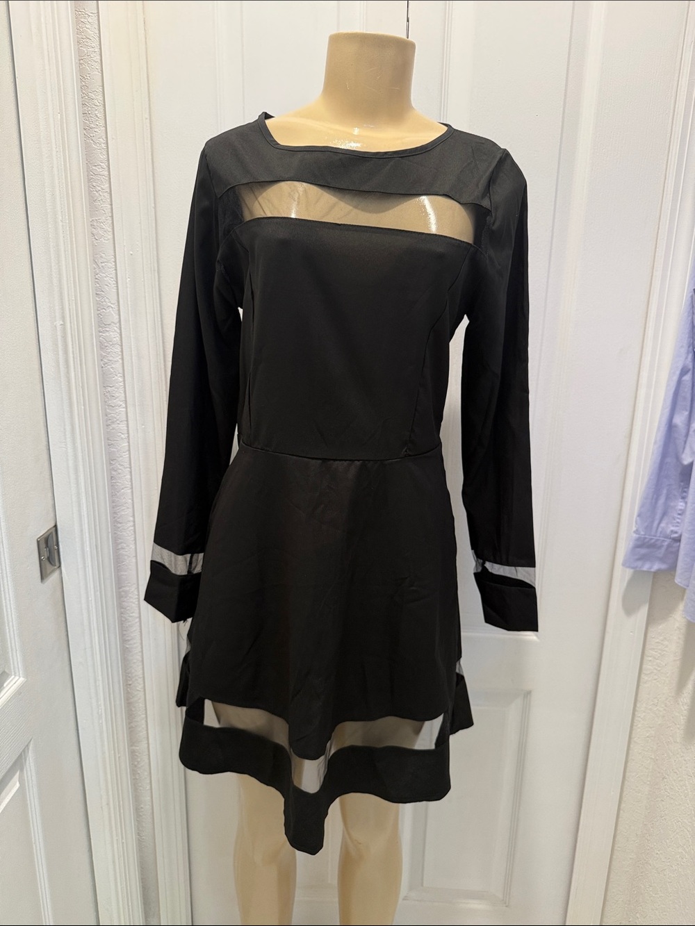 Black Long-Sleeve Mesh Panel A-Line Dress